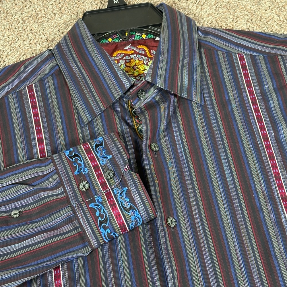 Robert Graham Mens Large Multi Color Striped Embroidered Button Down Shirt